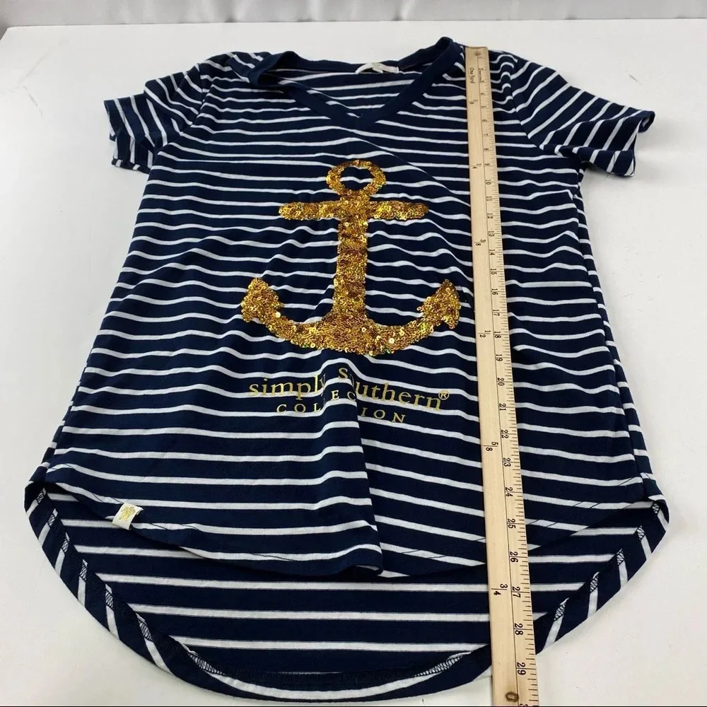 Simply Southern Women's Large Navy Striped Gold Anchor T-Shirt Short Sleeve - Picture 4 of 6